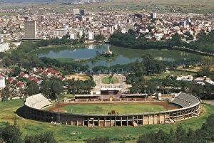Memorials Canvas Print Collection: Madagascar, Aerial view of Antananarivo Stadium and Lake Anosy with war memorial