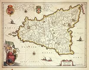 Related Images Pillow Collection: Map of Sicily region, by Joan Blaeu