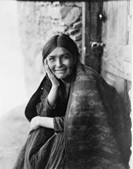 Edward Curtis Metal Print Collection: Smiling Native North American Indian woman. Photograph by Edward Curtis (1868-1952)