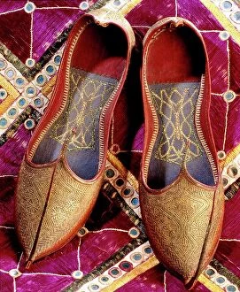 Evolve Mouse Mat Collection: Still-life, antique shoes, Indian slippers in red leather with decorations in gold thread