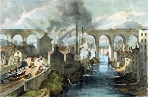 Lithograph Collection: Train crossing Stockport viaduct on London & North Western Railway. Note pollution of river banks