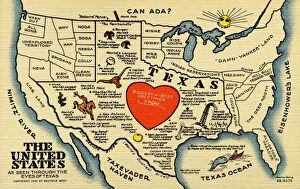 Related Images Framed Print Collection: United States and Texas State Map. ca. 1948, Texas, USA, THE UNITED STATES AS SEEN THROUGH THE