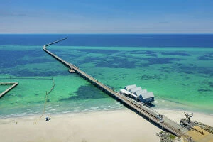Romance Collection: Aerial view of Busselton Jetty on a sunny day with tourists in front of souvenir shop in