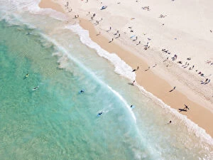 Australia Fine Art Print Collection: Aerial view of Surfers and people at Iconic Bondi Beach Australia