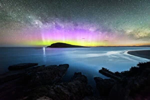 Australis Premium Framed Print Collection: Colourful display of the Aurora Australis over an island in the ocean at Blue Hour