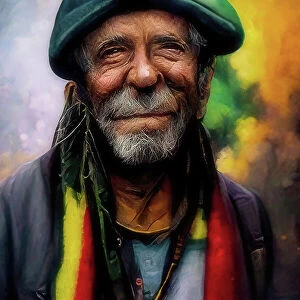 Warm Collection: Digital artwork of old Jamaican man with reggae influence and a warm smile
