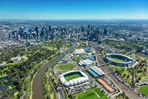 Australia Collection: Melbourne City Aerial with AAMI Park and the Melbourne Cricket Ground