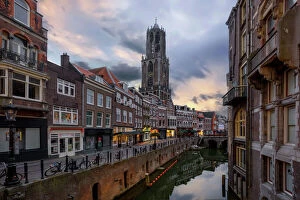 Sunrise landscapes Pillow Collection: Sunrise View of the Dom Tower and the Vismarkt-Choorstraat Along Oudegracht, Utrecht, Netherlands