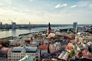 Photograph Collection: Aerial view of Riga at sunset