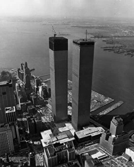 America Photo Mug Collection: Aerial view of the Twin Towers of the World Trade Center Construction