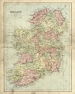 Paintings Canvas Print Collection: Antique damaged map of Ireland in the 19th Century