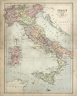 Italy Pillow Collection: Antique Damaged Map of Italy 19th Century