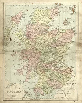 Related Images Cushion Collection: Antique damaged map of Scotland in the 19th Century