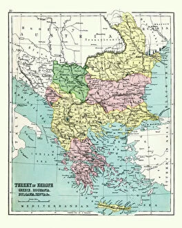 Greece Metal Print Collection: Antique map of Greece, Romania, Bulgaria, 1897, late 19th Century
