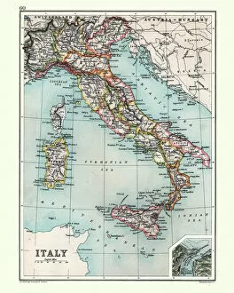 Maps Collection: Antique Map of Italy, with detail of straits of Messina, 19th Century