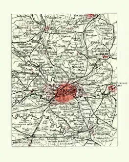 Road Map Collection: Antique map, Manchester, England, 19th Century