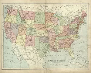 Historical Maps Pillow Collection: Antique map of USA in the 19th Century, 1873