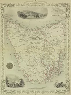 Dingo Collection: Antique map of Van Diemen Island off Australia with vignettes