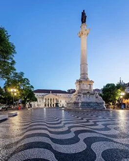 Evening Atmosphere Collection: Blue hour at Praca Dom Pedro with the famous wave pattern in Lisbon, Portugal
