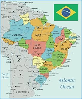 Americas Framed Print Collection: Brazil Map with Rivers and National Flag