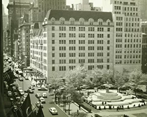 New Towns Architecture Premium Framed Print Collection: Busy street at Plaza Hotel, New York City, (B&W), (Elevated view)