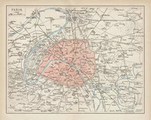 Maps Canvas Print Collection: City map of Paris, lithograph, published in 1877