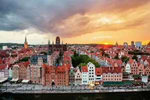 Aerial Views Collection: Cityscape of Gdansk at sunset Gdansk, Poland