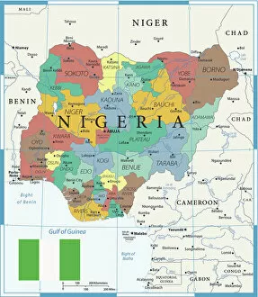 Africa Photographic Print Collection: Coloured Map of Nigeria with Flag