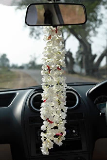 Interior View Collection: Garland of jasmine flowers hanging on the rearview mirror of a car, Karnataka, South India, India