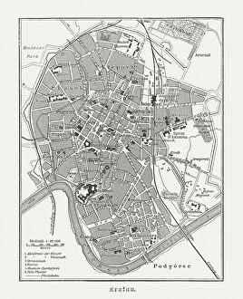 Travel Destination Collection: Historical city map of Krakow, Poland, wood engraving, published 1897