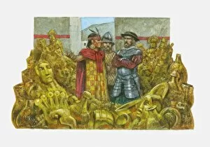 Mid Adult Men Collection: Illustration of Francisco Pizarro standing next to Inca Emperor Atahualpa in room full of gold
