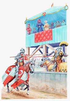 Tournament Collection: Illustration of two knights competing in a medieval jousting tournament