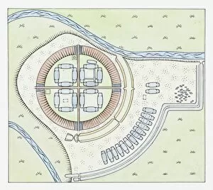 Overhead View Collection: Illustration of layout of the Trelleborg fortress, Sjaelland, Denmark