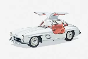 Watercolor paintings Collection: Illustration of vintage Mercedes Gullwing sports car, 1950s