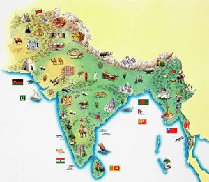 Related Images Jigsaw Puzzle Collection: India, map with illustrations showing distinguishing features