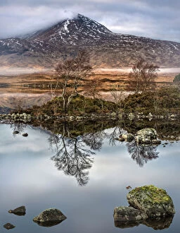 Mountain scenery paintings Canvas Print Collection: Loch na h-Achlaise Reflections, Rannoch Moor Scotland