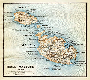 Malta Pillow Collection: Malta island map - Lithograph Map Published 1890, Leipzig for 'Italie