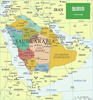 Maps Mounted Print Collection: Map of Saudi Arabia with Flag