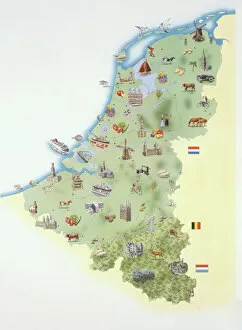 Netherlands Fine Art Print Collection: Netherlands, map showing distinguishing features and landmarks