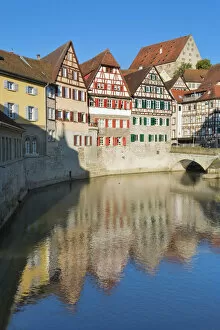 Construction Frame Collection: Old town with Kocher river, Schwaebisch Hall, Hohenlohe, Baden-Wuerttemberg, Germany, Europe