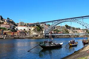 Historic Centre of Oporto Framed Print Collection: Rabelo boats and Dom Luis I bridge in Douro river, Porto