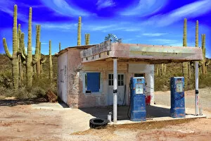 California Mouse Photographic Print Collection: Retro Style Desert Scene with Old Gas Station and Saguaro Cactus