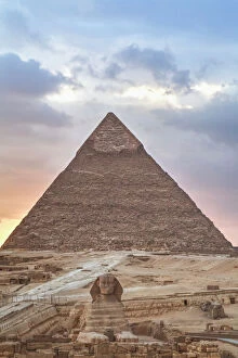 Egyptian pyramids and tombs Canvas Print Collection: Sunset, Sphinx (foreground), The Pyramid of Chephren (background), The Pyramids of Giza