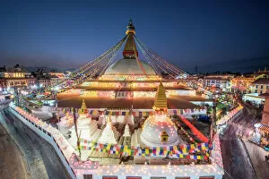 Monuments and landmarks Metal Print Collection: Twilight at the Boudhanath Stupa in Kathmandu, Nepal