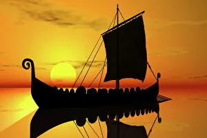 Fine art Premium Framed Print Collection: Viking ship, sunset, silhouette, 3D graphics