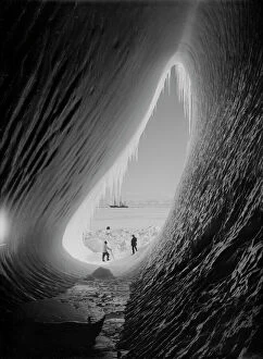 British Antarctic Expedition 1910-13 (Terra Nova) Fine Art Print Collection: Grotto in an iceberg. Terra Nova in the distance. Taylor and Wright (Interior). January 5th 1911
