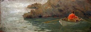 Figurative painting Framed Print Collection: Boy Rowing out from Rocky Shore, Henry Scott Tuke (1858-1929)