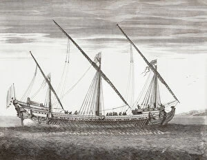 Galley Collection: A 17th century French galley being rowed. (print)