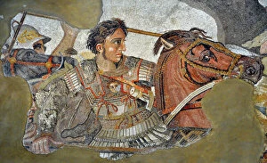Paintings Cushion Collection: Alexander the Great (356 - 323 BC) on his horse Bucephale - detail of a mosaic of Pompei