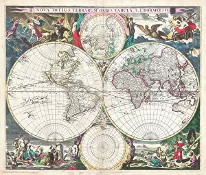 Hemisphere Collection: Antique Double-Hemisphere World Map, 1686 (coloured coloured engraving